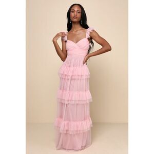 Lulus Pure Radiance Pink Mesh Swiss Dot Tiered Maxi Dress - Size L (NWT)